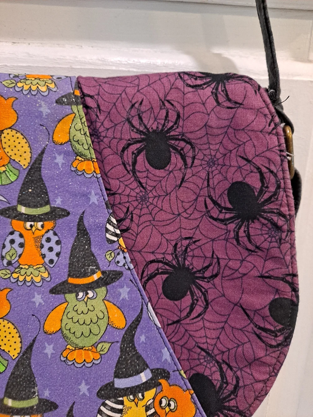 Artisan Purple Orange Owl Witch Spiders Webs Crossbody Bag Halloween